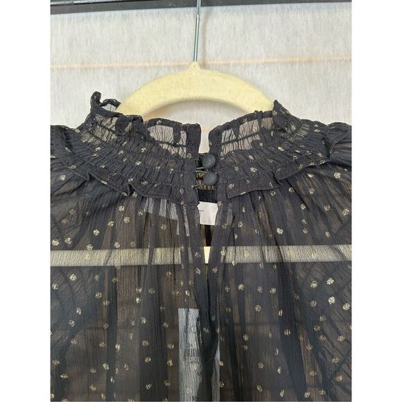 LOFT Black Sheer Metallic Dot Smocked Ruffle Blouse NWT Women’s M - Picture 9 of 9